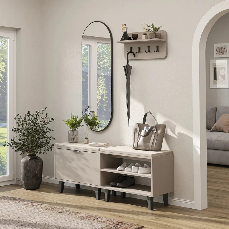 Roomart 4-delige garderobeset NORD, met 2 zitbanken (open en met schoenklep), wandgarderobe en ovale spiegel, in 2 kleuren