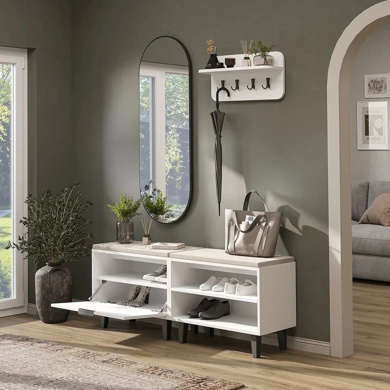 Roomart 4-delige garderobeset NORD, met 2 zitbanken (open en met schoenklep), wandgarderobe en ovale spiegel, in 2 kleuren