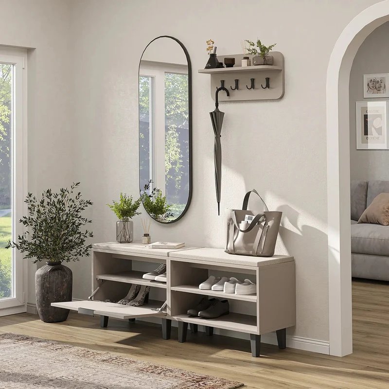 Roomart 4-delige garderobeset NORD, met 2 zitbanken (open en met schoenklep), wandgarderobe en ovale spiegel, in 2 kleuren