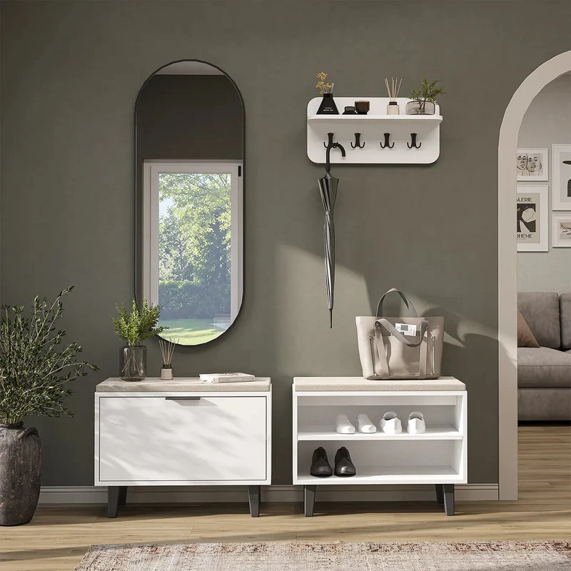Roomart 4-delige garderobeset NORD, met 2 zitbanken (open en met schoenklep), wandgarderobe en ovale spiegel, in 2 kleuren
