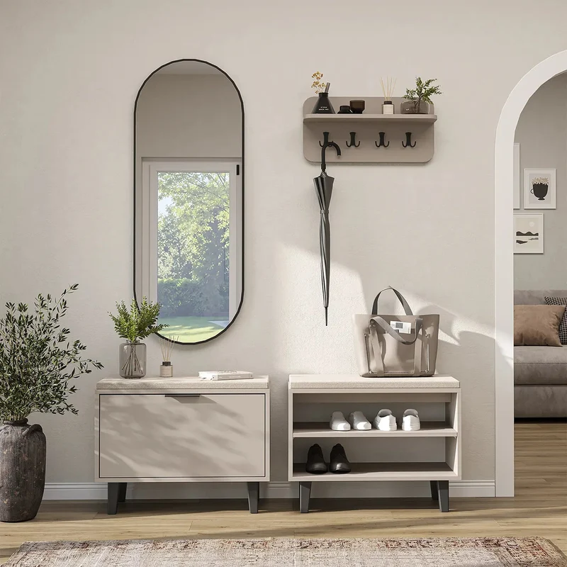 Roomart 4-delige garderobeset NORD, met 2 zitbanken (open en met schoenklep), wandgarderobe en ovale spiegel, in 2 kleuren