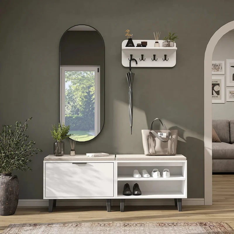 Roomart 4-delige garderobeset NORD, met 2 zitbanken (open en met schoenklep), wandgarderobe en ovale spiegel, in 2 kleuren
