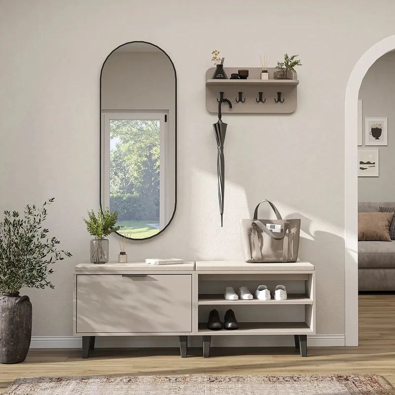 Roomart 4-delige garderobeset NORD, met 2 zitbanken (open en met schoenklep), wandgarderobe en ovale spiegel, in 2 kleuren