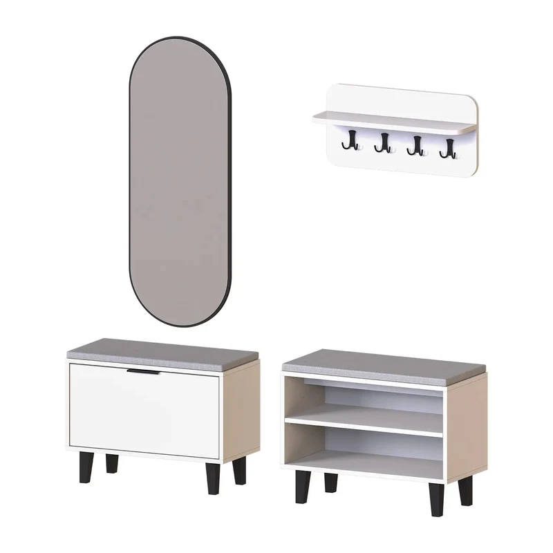 Roomart 4-delige garderobeset NORD, met 2 zitbanken (open en met schoenklep), wandgarderobe en ovale spiegel, in 2 kleuren