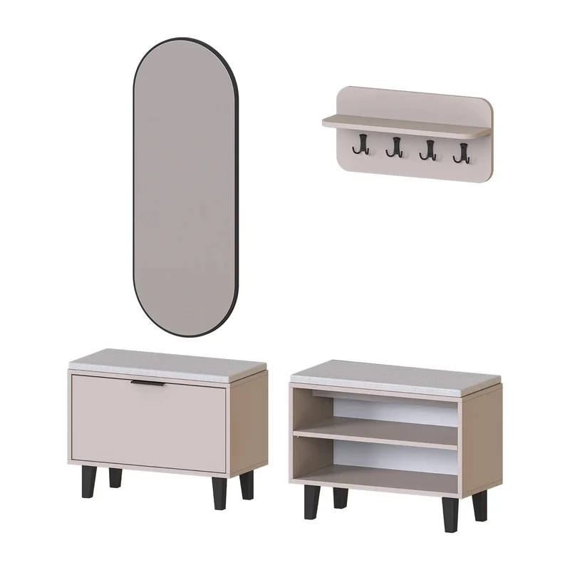 Roomart 4-delige garderobeset NORD, met 2 zitbanken (open en met schoenklep), wandgarderobe en ovale spiegel, in 2 kleuren