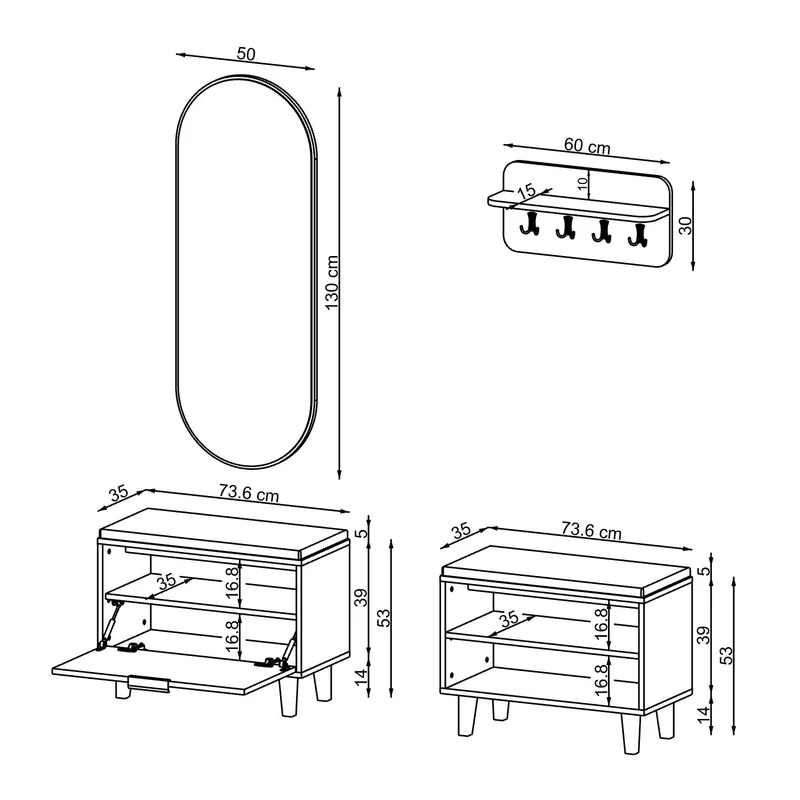 Roomart 4-delige garderobeset NORD, met 2 zitbanken (open en met schoenklep), wandgarderobe en ovale spiegel, in 2 kleuren