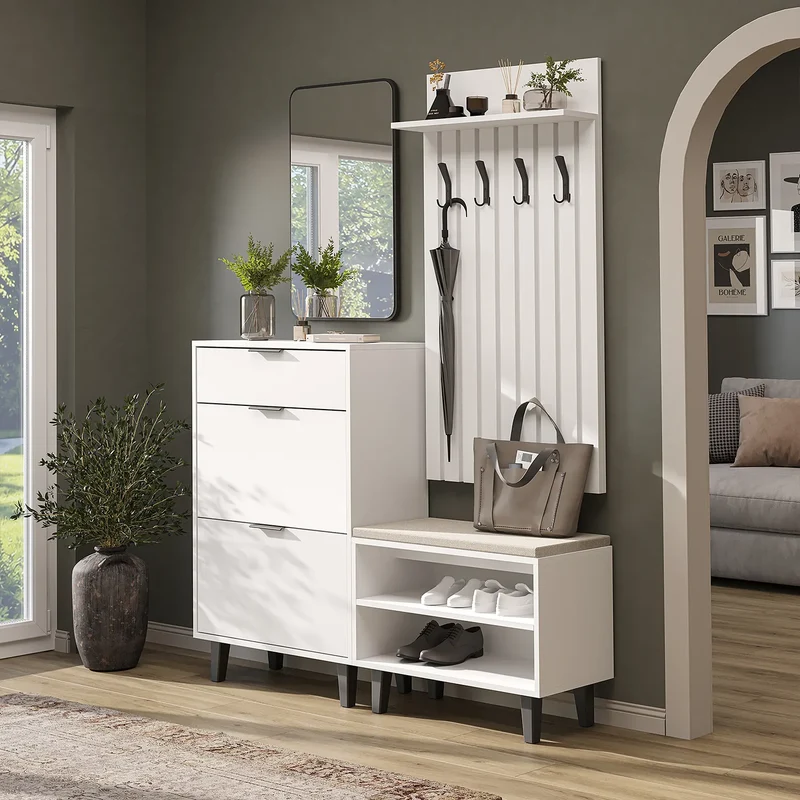 Roomart 4-delige garderobeset NORD, met schoenenkast, zitbank, garderobepaneel 130 cm en spiegel, in 2 kleuren