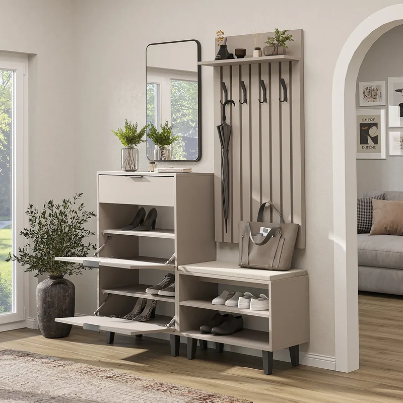 Roomart 4-delige garderobeset NORD, met schoenenkast, zitbank, garderobepaneel 130 cm en spiegel, in 2 kleuren