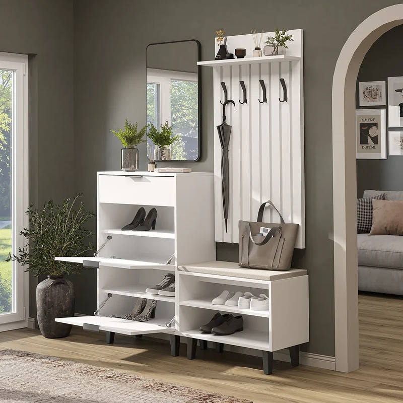 Roomart 4-delige garderobeset NORD, met schoenenkast, zitbank, garderobepaneel 130 cm en spiegel, in 2 kleuren