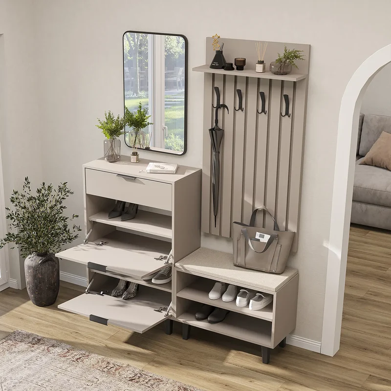 Roomart 4-delige garderobeset NORD, met schoenenkast, zitbank, garderobepaneel 130 cm en spiegel, in 2 kleuren