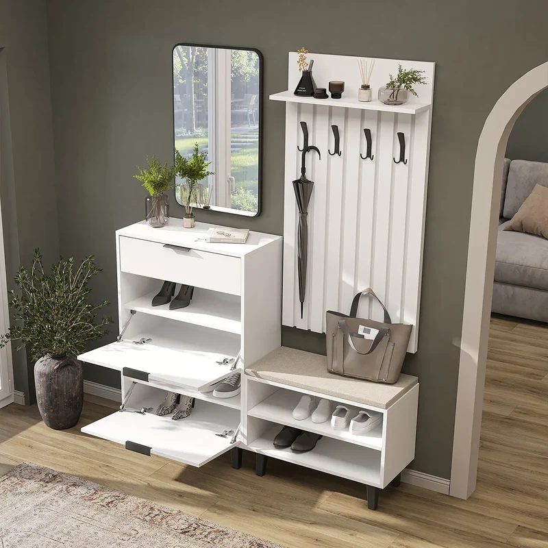 Roomart 4-delige garderobeset NORD, met schoenenkast, zitbank, garderobepaneel 130 cm en spiegel, in 2 kleuren