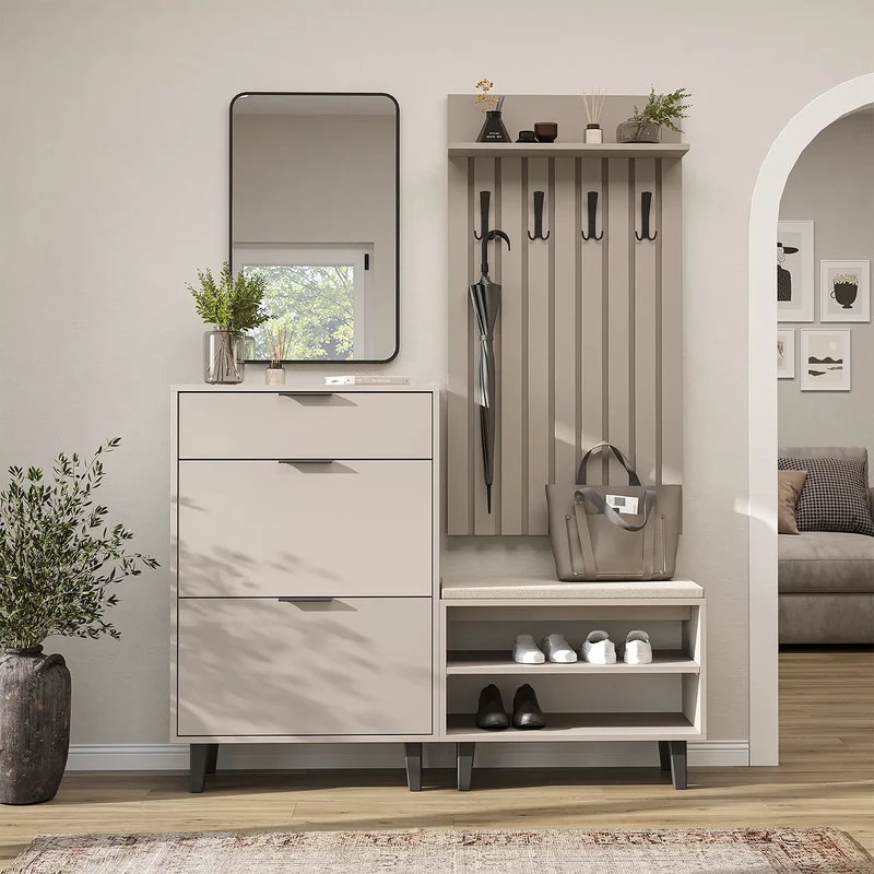 Roomart 4-delige garderobeset NORD, met schoenenkast, zitbank, garderobepaneel 130 cm en spiegel, in 2 kleuren