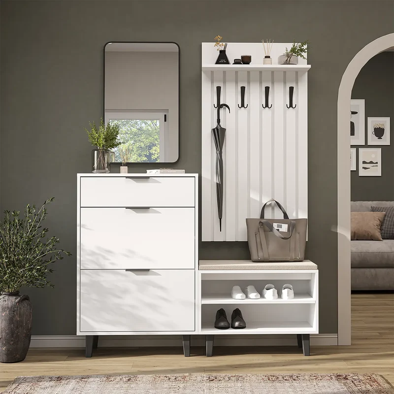 Roomart 4-delige garderobeset NORD, met schoenenkast, zitbank, garderobepaneel 130 cm en spiegel, in 2 kleuren