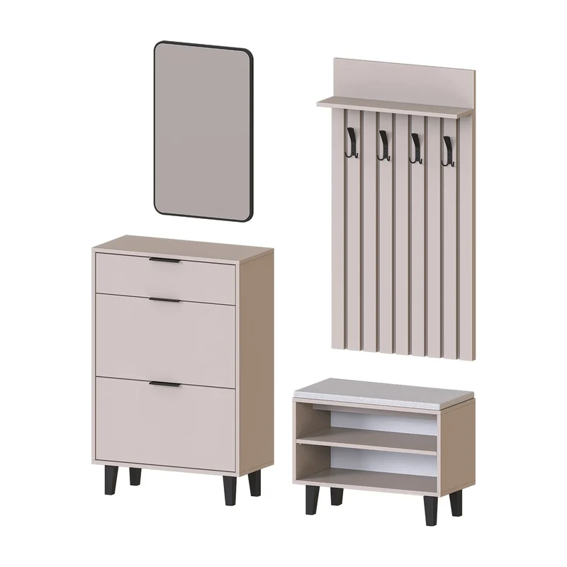 Roomart 4-delige garderobeset NORD, met schoenenkast, zitbank, garderobepaneel 130 cm en spiegel, in 2 kleuren