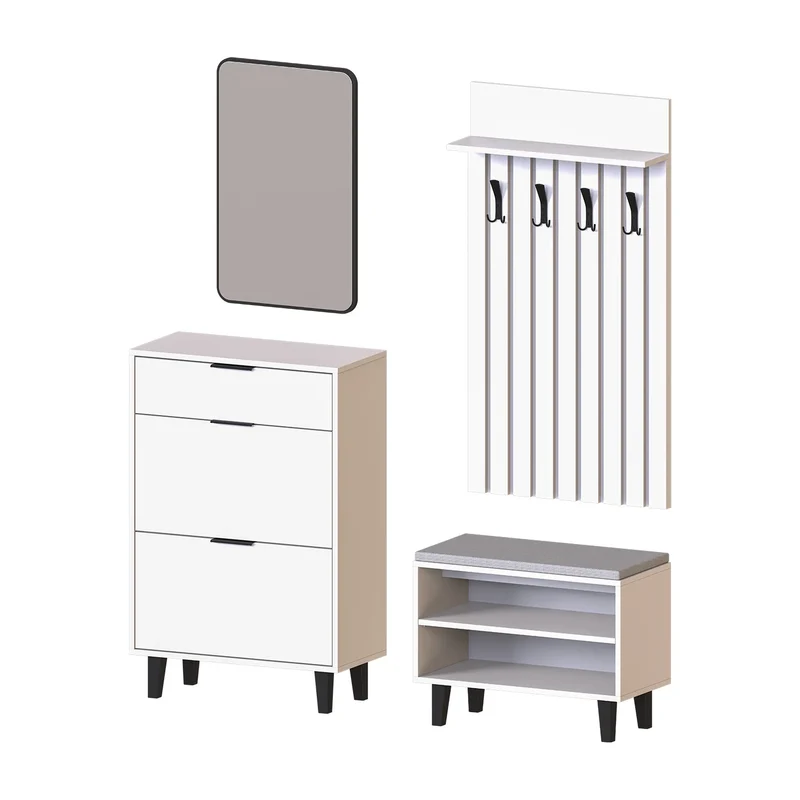 Roomart 4-delige garderobeset NORD, met schoenenkast, zitbank, garderobepaneel 130 cm en spiegel, in 2 kleuren