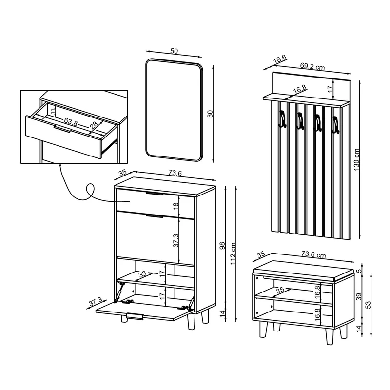 Roomart 4-delige garderobeset NORD, met schoenenkast, zitbank, garderobepaneel 130 cm en spiegel, in 2 kleuren