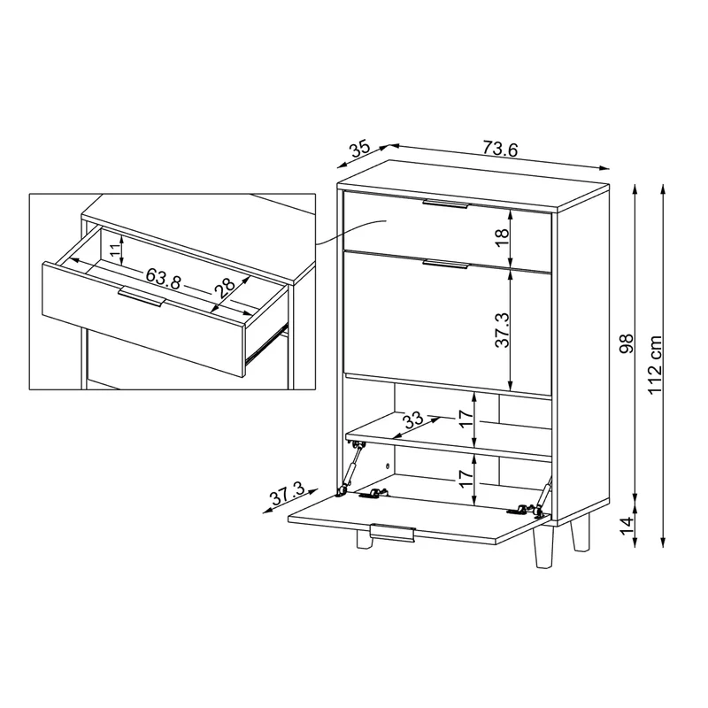 Roomart schoenenkast NORD, 112 cm, met 2 kantelvakken en lade, in 2 kleuren