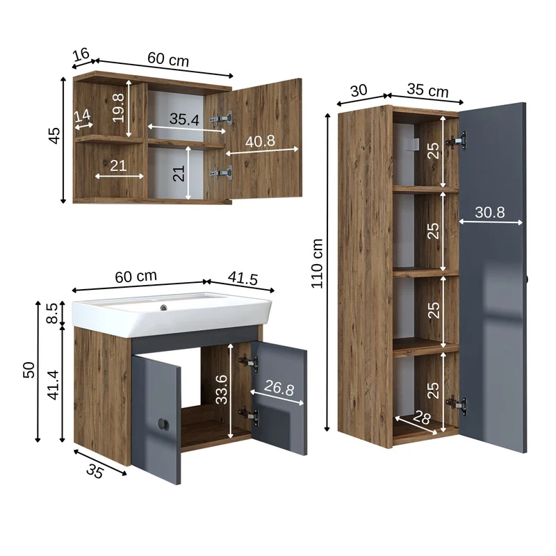 Roomart 4-delige badkamermeubelset ADA, 60 cm, met wastafel en kolomkast, in 5 kleuren