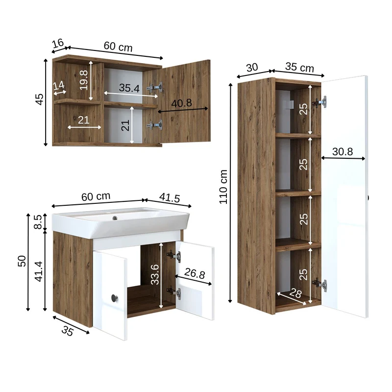 Roomart 4-delige badkamermeubelset ADA, 60 cm, met wastafel en kolomkast, in 5 kleuren