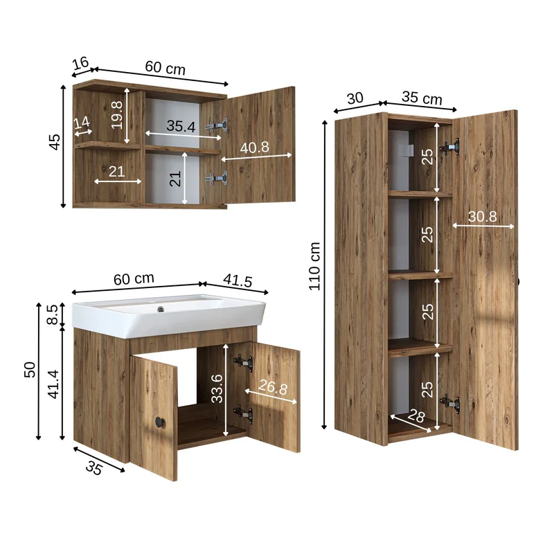 Roomart 4-delige badkamermeubelset ADA, 60 cm, met wastafel en kolomkast, in 5 kleuren