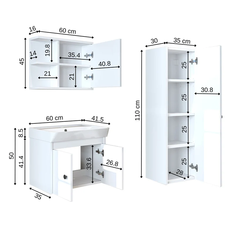 Roomart 4-delige badkamermeubelset ADA, 60 cm, met wastafel en kolomkast, in 5 kleuren