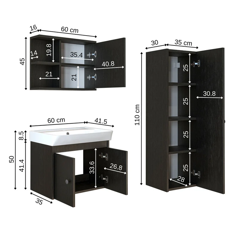 Roomart 4-delige badkamermeubelset ADA, 60 cm, met wastafel en kolomkast, in 5 kleuren
