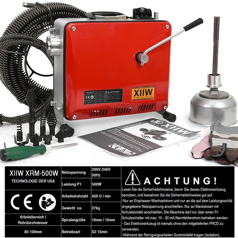 XIIW 500W Elektrische Rohrreinigungsmaschine | Profi Abflussreiniger mit 20m Spiralen-Set | Rohrreinigungsgerät für Rohre Ø30-100mm