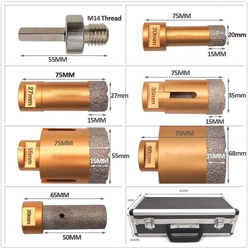 XIIW 8-tlg. Profi Diamantbohrkronen Set M14 | 20-68mm Fliesenbohrer, Fingerfräser & 125mm Trennscheibe | Vakuumgelötet für Feinsteinzeug & Granit
