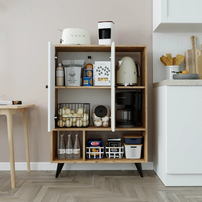 Roomart Highboard SIMON, 90 cm, Mehrzweckschrank mit Türen und offenen Fächern, in Weiß Eiche