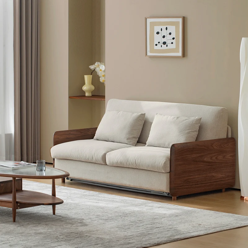 Leichtes Luxus-Schlafsofa mit Armlehne aus Walnussholz und Matratze
