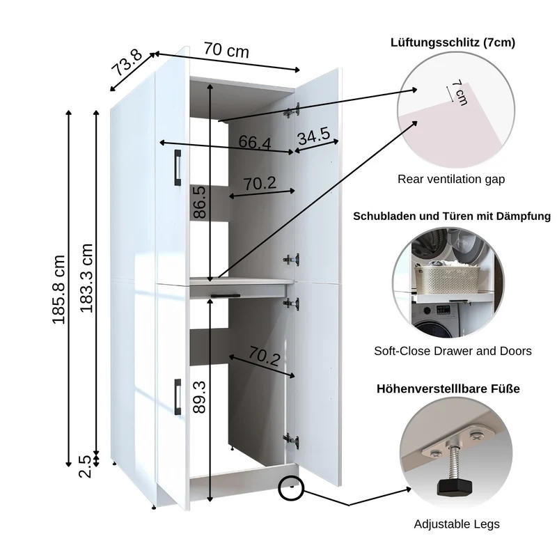 Roomart wasmachinekast DORA-I, 70 cm, voor wasmachine en droger met uitschuifbare plank, in 5 kleuren