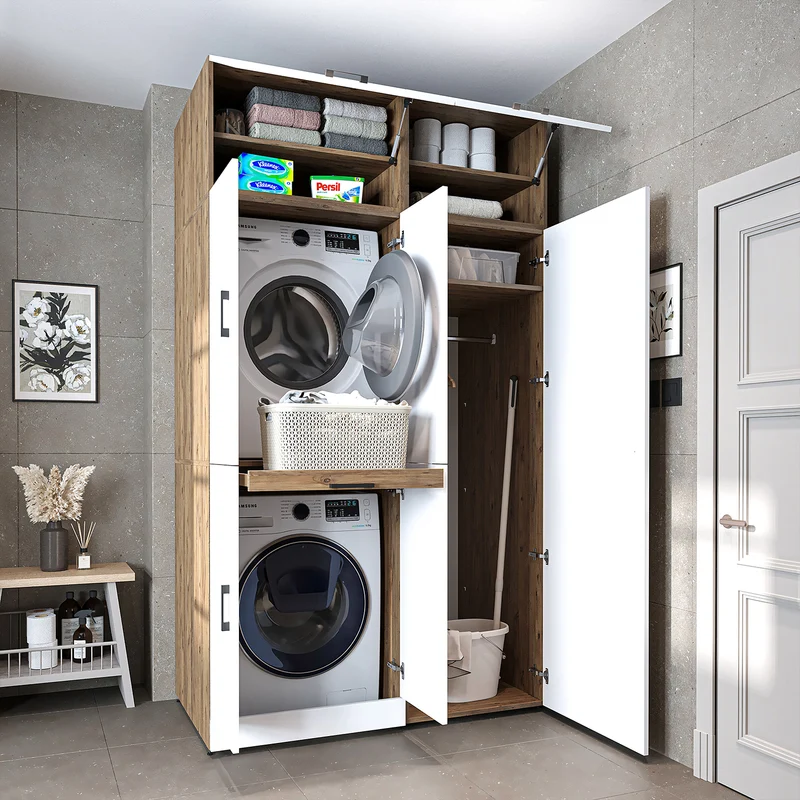 Roomart wasmachinekast DORA-I, 130 cm, met uittrekplank en hoge kast, 5 kleuren