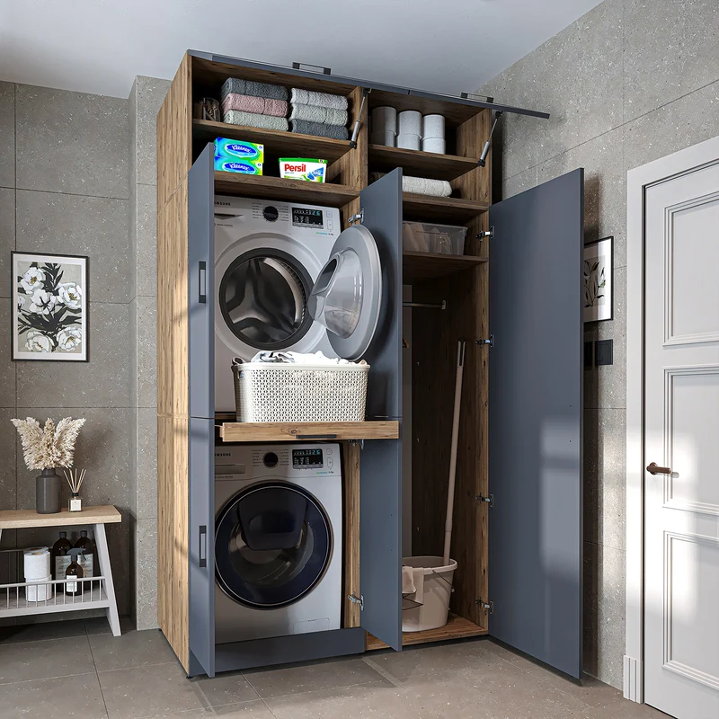 Roomart wasmachinekast DORA-I, 130 cm, met uittrekplank en hoge kast, 5 kleuren