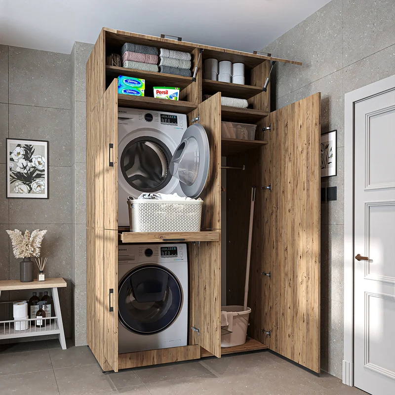 Roomart wasmachinekast DORA-I, 130 cm, met uittrekplank en hoge kast, 5 kleuren
