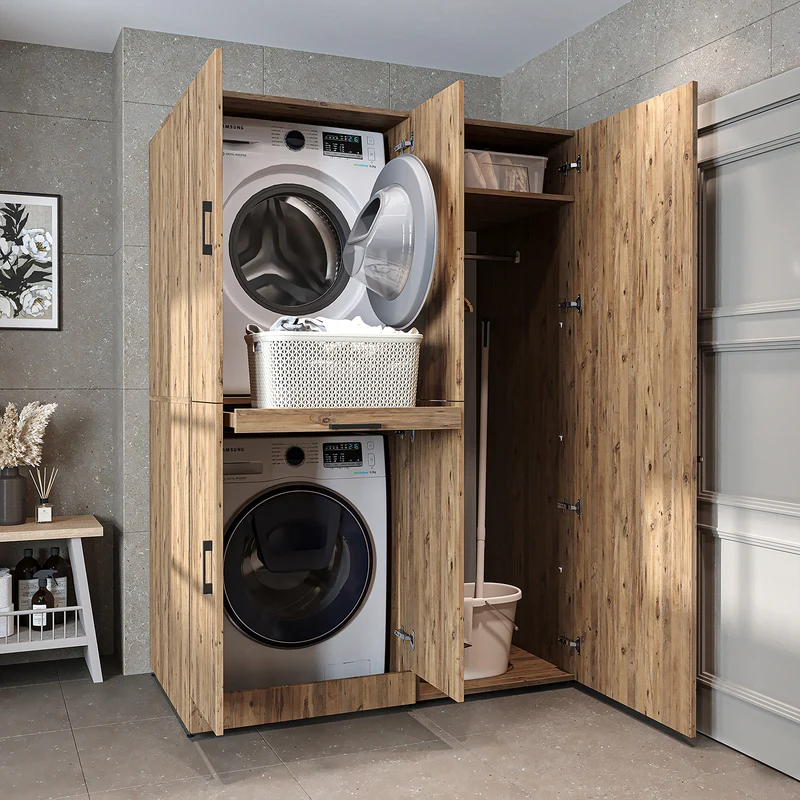 Roomart wasmachinekast DORA-I, 130 cm, met uittrekplank en hoge kast, 5 kleuren