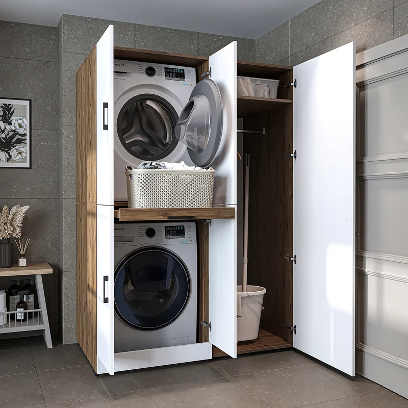 Roomart wasmachinekast DORA-I, 130 cm, met uittrekplank en hoge kast, 5 kleuren