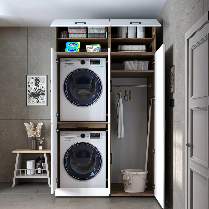 Roomart wasmachinekast DORA-I, 130 cm, met uittrekplank en hoge kast, 5 kleuren