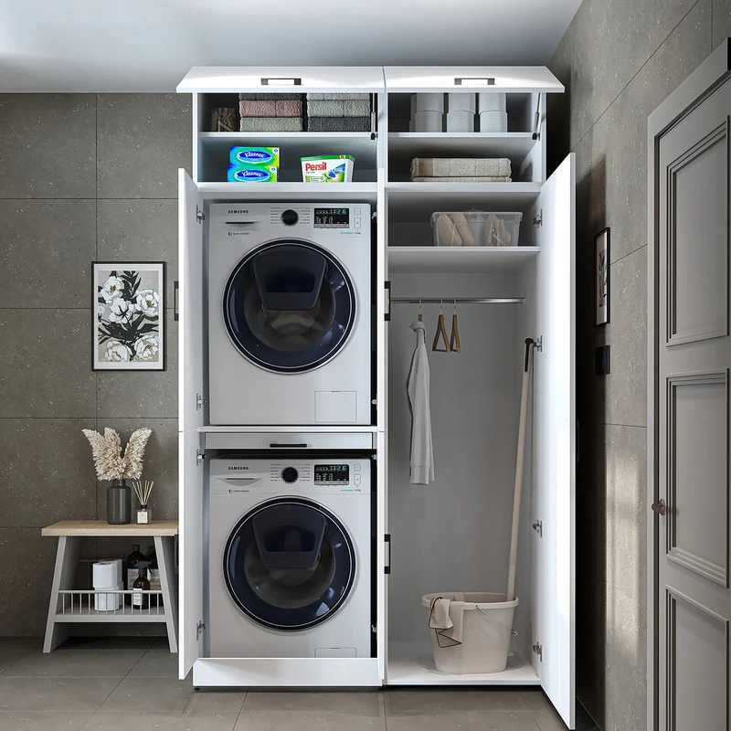 Roomart wasmachinekast DORA-I, 130 cm, met uittrekplank en hoge kast, 5 kleuren