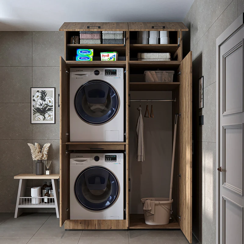 Roomart wasmachinekast DORA-I, 130 cm, met uittrekplank en hoge kast, 5 kleuren