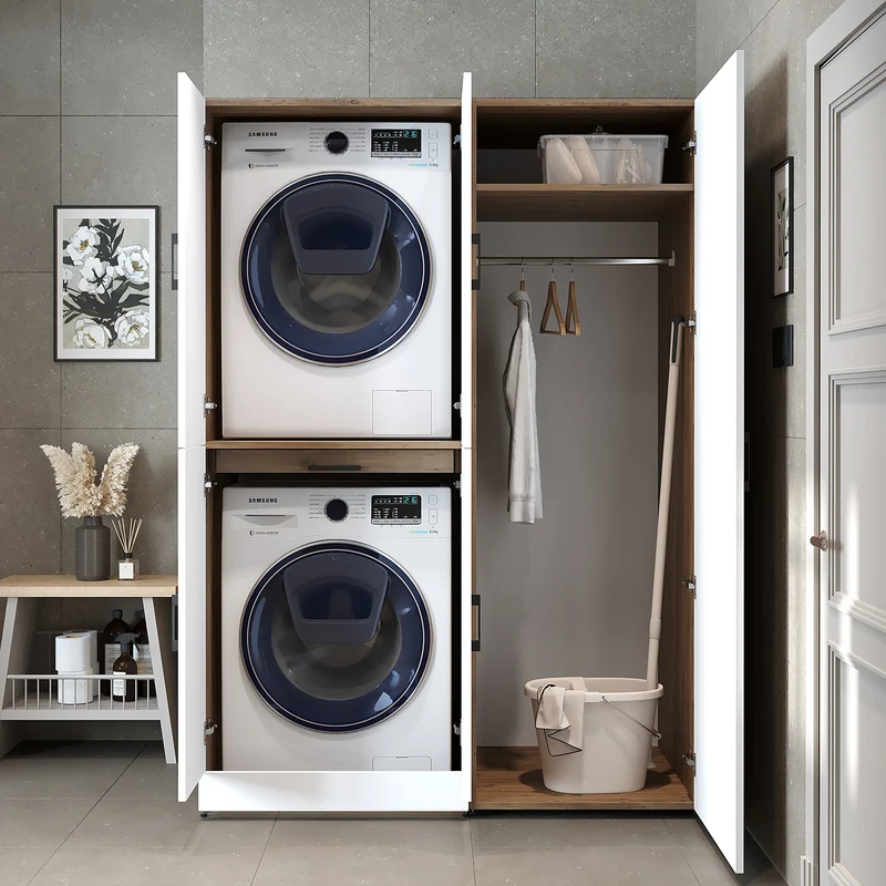 Roomart wasmachinekast DORA-I, 130 cm, met uittrekplank en hoge kast, 5 kleuren