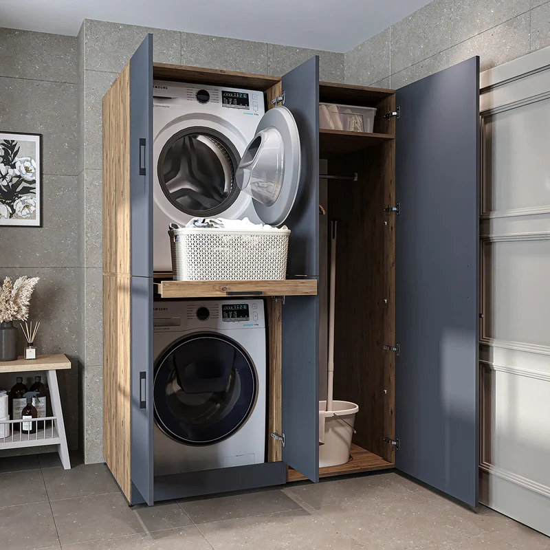 Roomart wasmachinekast DORA-I, 130 cm, met uittrekplank en hoge kast, 5 kleuren