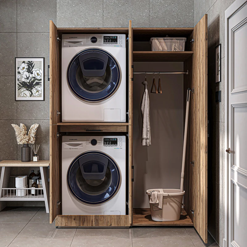 Roomart wasmachinekast DORA-I, 130 cm, met uittrekplank en hoge kast, 5 kleuren