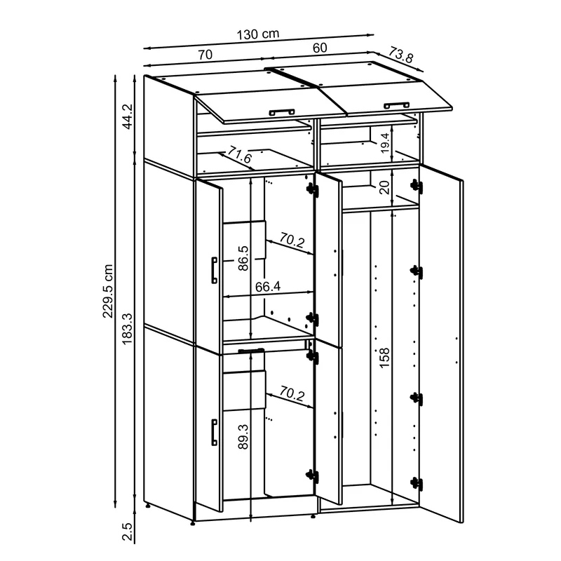 Roomart wasmachinekast DORA-I, 130 cm, met uittrekplank en hoge kast, 5 kleuren