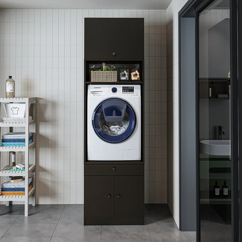 Roomart Waschmaschinenschrank SERIE 1 – 65 cm breit mit Ausziehbrett, Waschmaschinen-Überbauschrank für Waschküche & Bad – Weiß, Eiche, Schwarz-Eiche