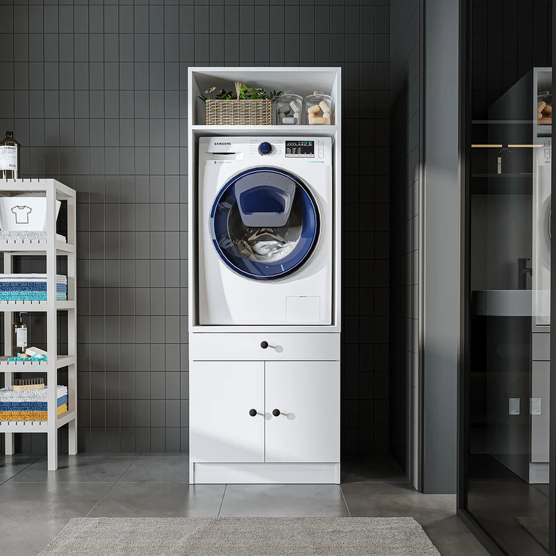 Roomart Waschmaschinenschrank SERIE 1 – 65 cm breit mit Ausziehbrett, Waschmaschinen-Überbauschrank für Waschküche & Bad – Weiß, Eiche, Schwarz-Eiche