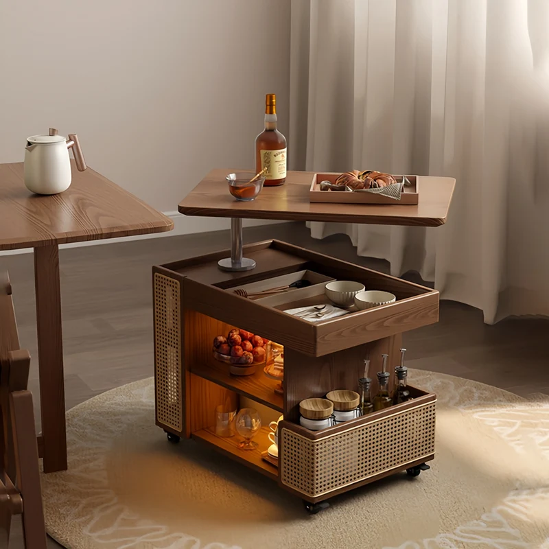 Anhebbarer Couchtisch aus Massivholz mit Stauraum und Universalrollen