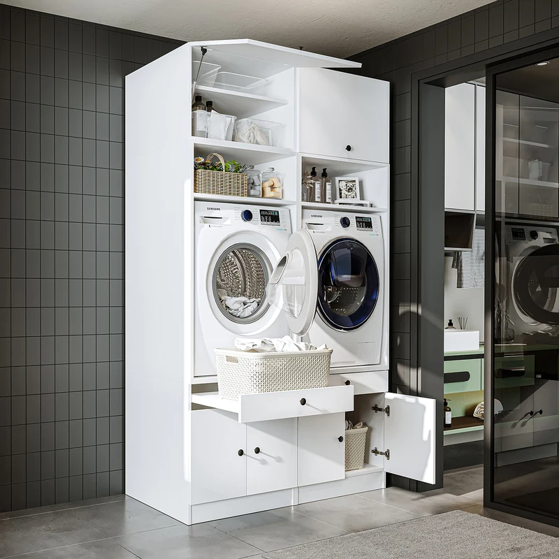 Roomart wasmachinekast SERIE 1, 134 cm, dubbele kast met opzetkast en uittrekplank, in 3 kleuren