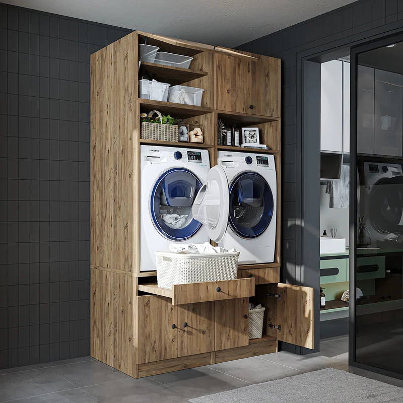 Roomart wasmachinekast SERIE 1, 134 cm, dubbele kast met opzetkast en uittrekplank, in 3 kleuren
