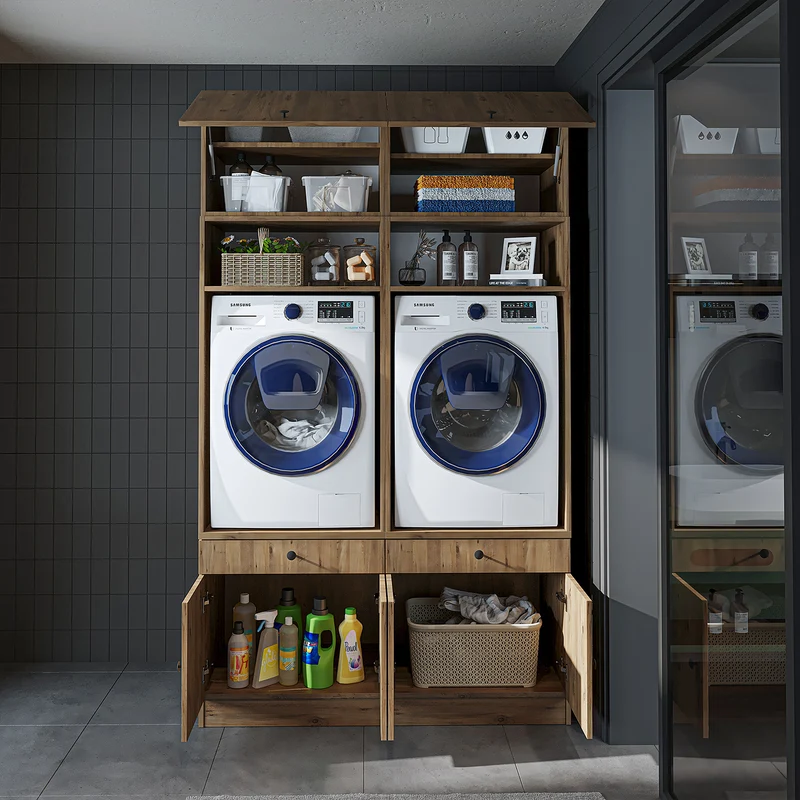 Roomart wasmachinekast SERIE 1, 134 cm, dubbele kast met opzetkast en uittrekplank, in 3 kleuren