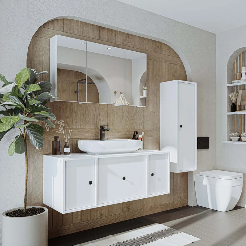 Roomart 4-teiliges Badmöbel-Set GUSTO, 120 cm, mit ovalem Waschbecken und Hochschrank, in 2 Farben